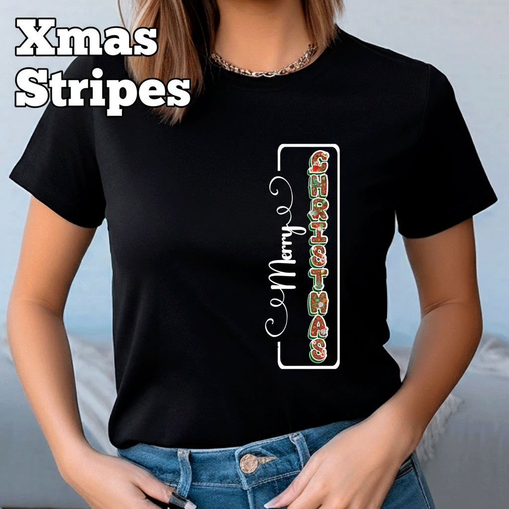 Person wearing a black t-shirt with colorful text design against a light blue background