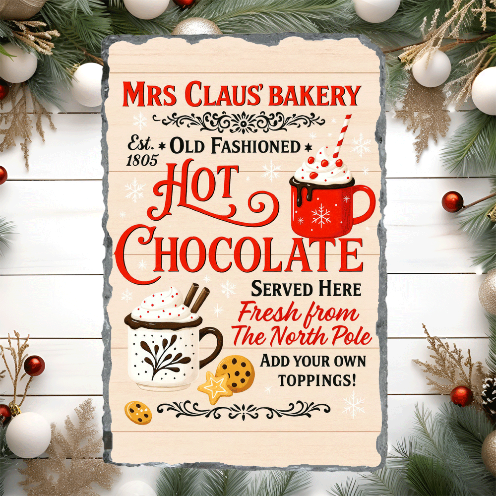 Advertisement for Mrs. Claus' Bakery hot chocolate with Christmas decorations.