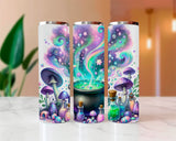 Three tumbler with colorful mushroom and potion design on a wooden surface.