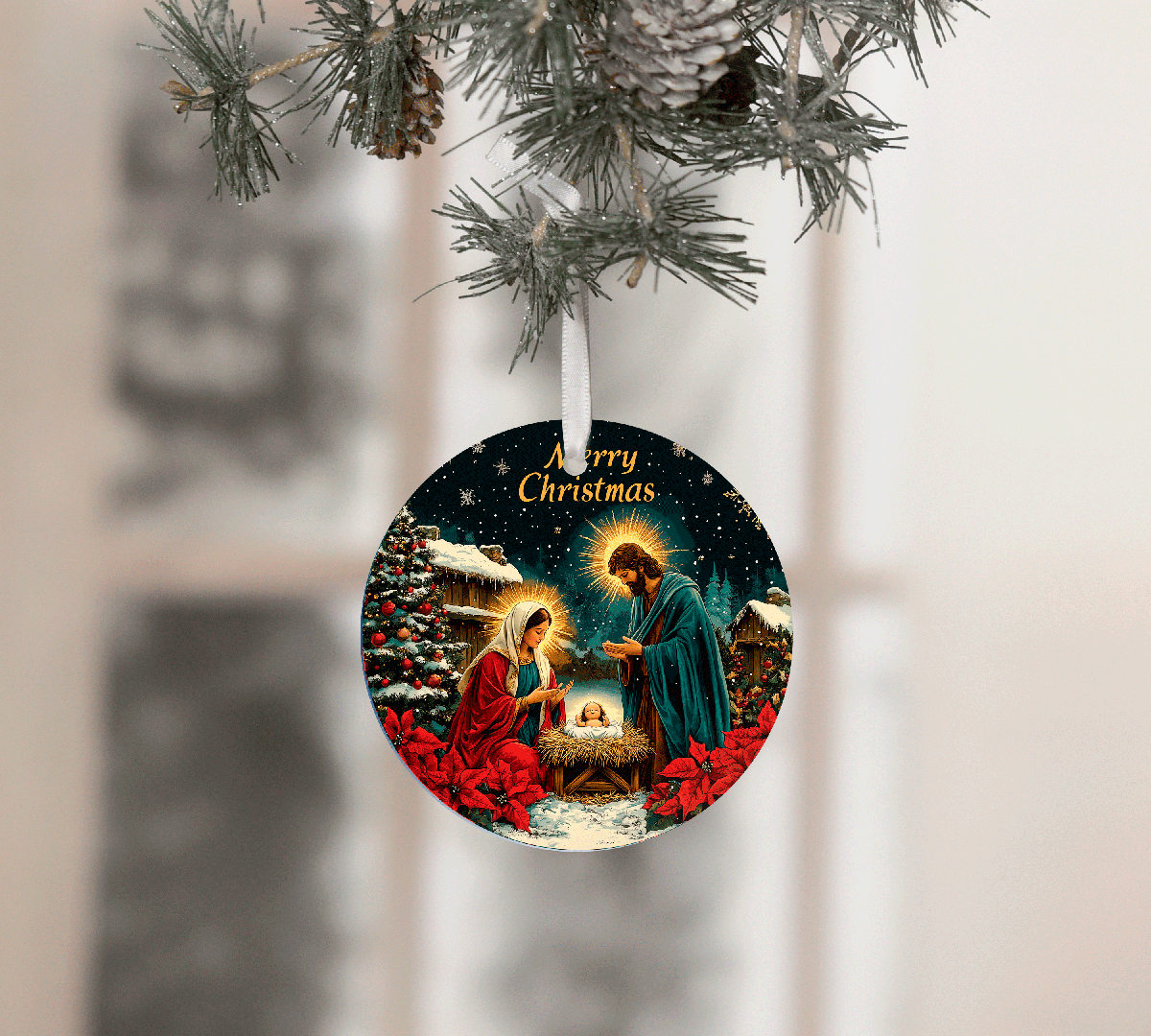 Circular Christmas ornament with a nativity scene design, hanging from a tree.
