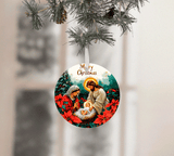Decorative Christmas ornament with religious scene on a blurred background