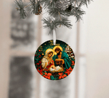 Christmas ornament with nativity scene design hanging on a tree.