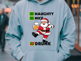 Light blue hoodie with a cartoon Santa Claus graphic and text on a blurred street background