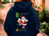 Navy blue hoodie with a graphic of Santa Claus holding a beer and text 'Naughty Nice Drunk' on the back.