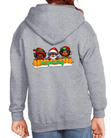 Gray hoodie with cartoon characters and text on the back, worn by a person.
