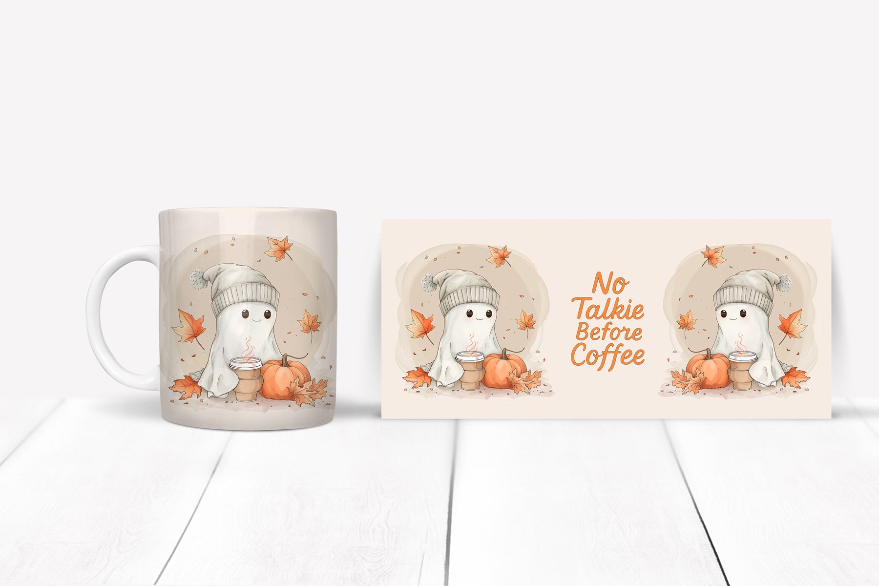 Mug and coaster set with ghost design and 'No Talkie Before Coffee' text on a white surface.