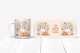Mug and coaster set with ghost design and 'No Talkie Before Coffee' text on a white surface.