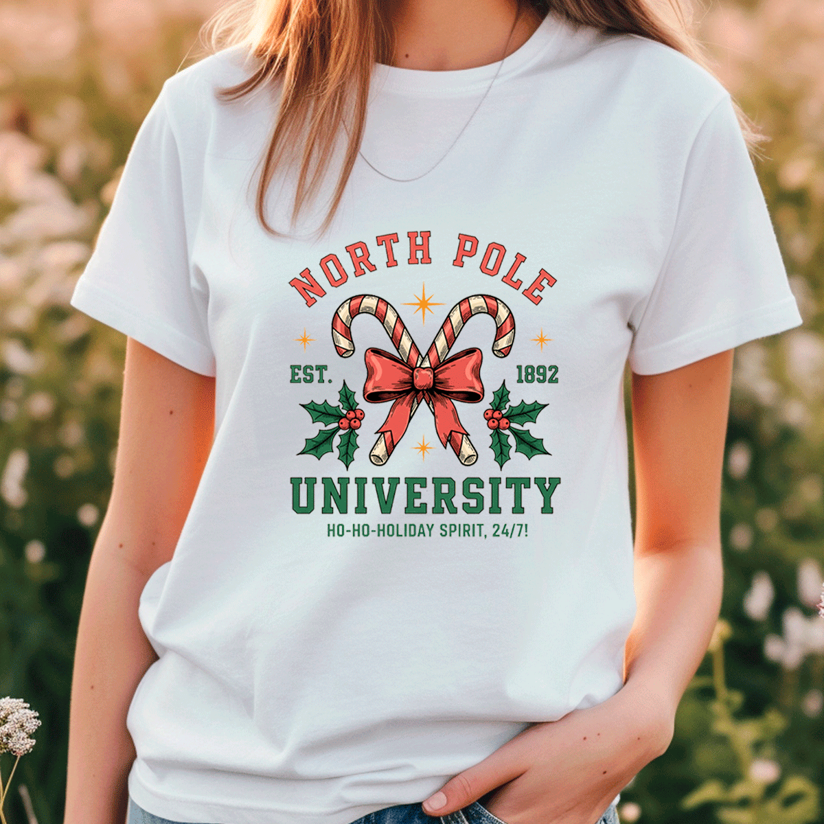 Person wearing a white t-shirt with 'North Pole University' design featuring candy canes and a bow.