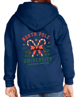 Navy blue hoodie with 'North Pole University' design on the back