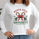 White sweatshirt with Christmas-themed design featuring candy canes and holly leaves.