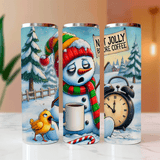 Three Christmas-themed tumblers with snowman, bird, and clock designs on a blurred background.