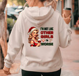 Person wearing a hoodie with a graphic design and text on the back, holding a coffee cup.