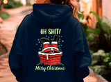 Navy blue hoodie with a graphic design on the back featuring Santa Claus in a chimney and text 'OH SHIT! Merry Christmas'.