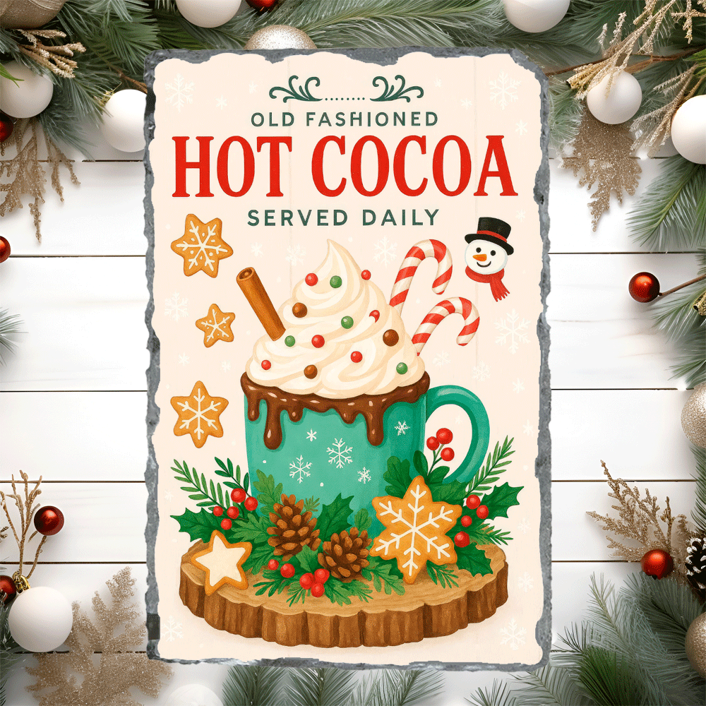 Decorative sign for hot cocoa with festive elements on a wooden background.