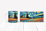 Mug and painting of a starry night scene with a house and field.