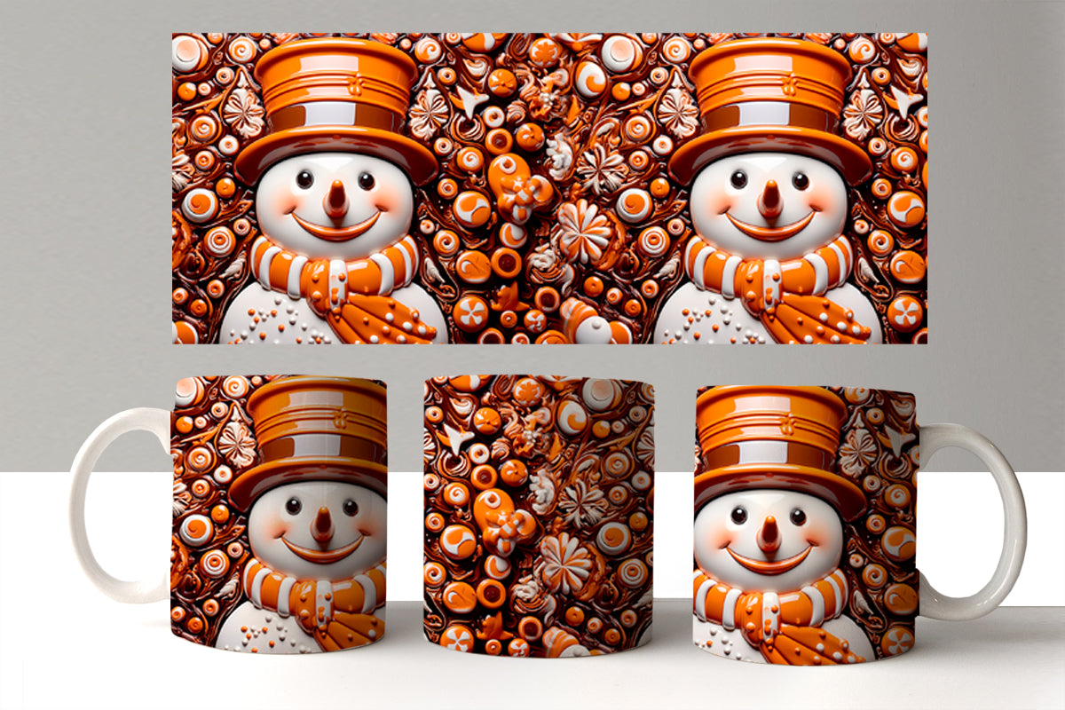 Set of mugs with snowman design featuring orange and brown colors on a white background.