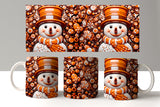 Set of mugs with snowman design featuring orange and brown colors on a white background.