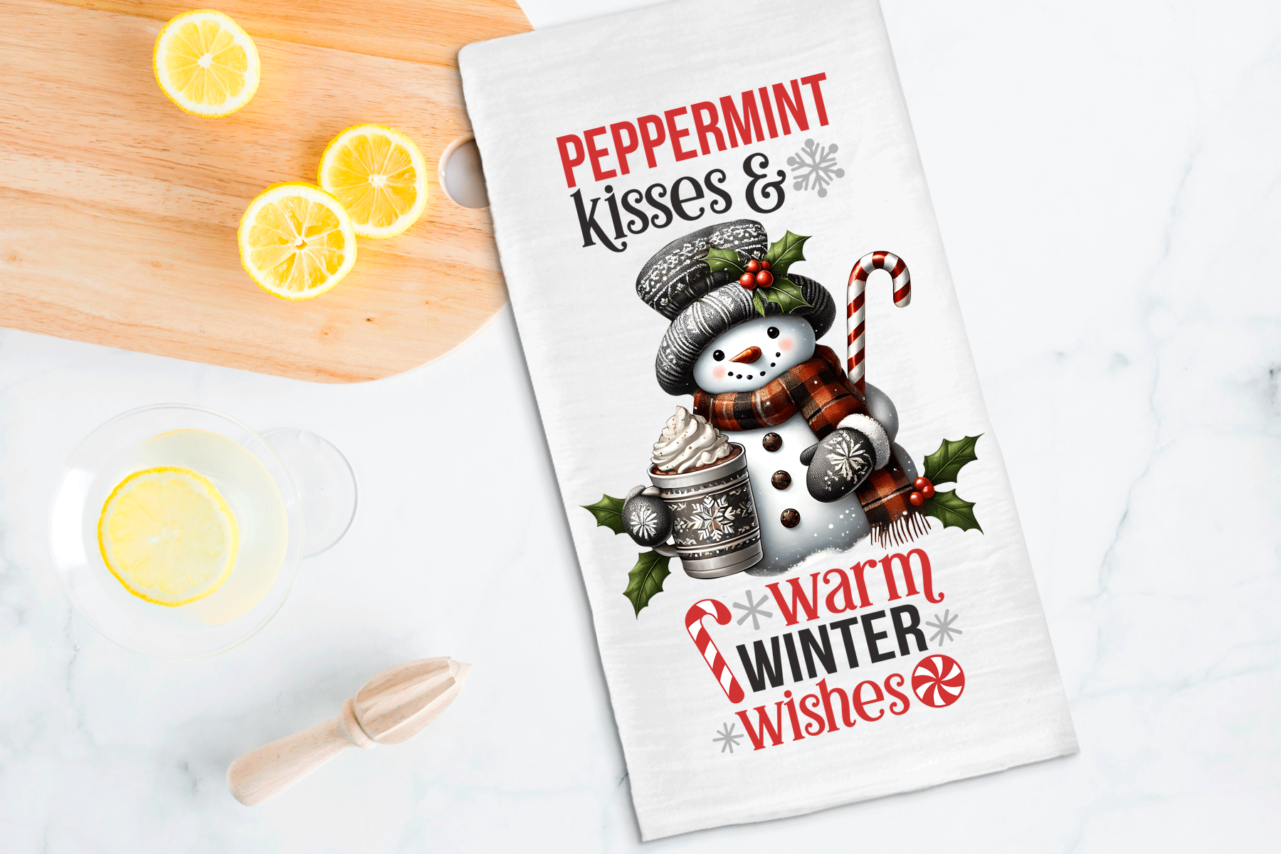 Peppermint Kisses Snowman Christmas Sublimated Kitchen Towels