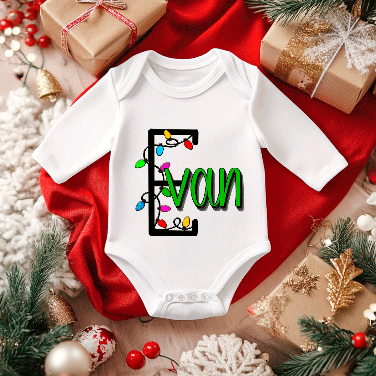 Personalized Christmas Lights Alpha Sublimated Infant Long Sleeve Bodysuits
