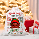 Personalized Christmas sack with elf design and 'North Pole' text, against a festive background with presents.