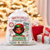 Personalized Christmas gift bag with elf design and 'North Pole' text, against a festive background with presents and lights.