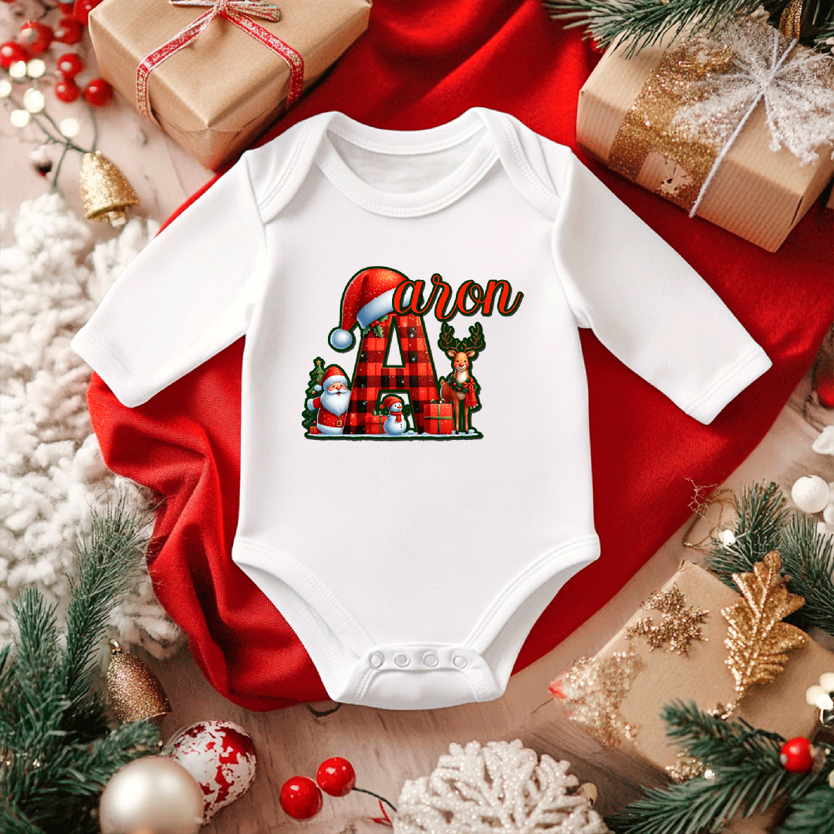 Personalized Santa Red Plaid Alpha Sublimated Infant Long Sleeve Bodysuits