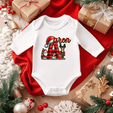 Personalized Santa Red Plaid Alpha Sublimated Infant Long Sleeve Bodysuits