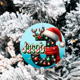 Personaized Reindeer Alpha Sublimated 3" Round Ceramic Ornament