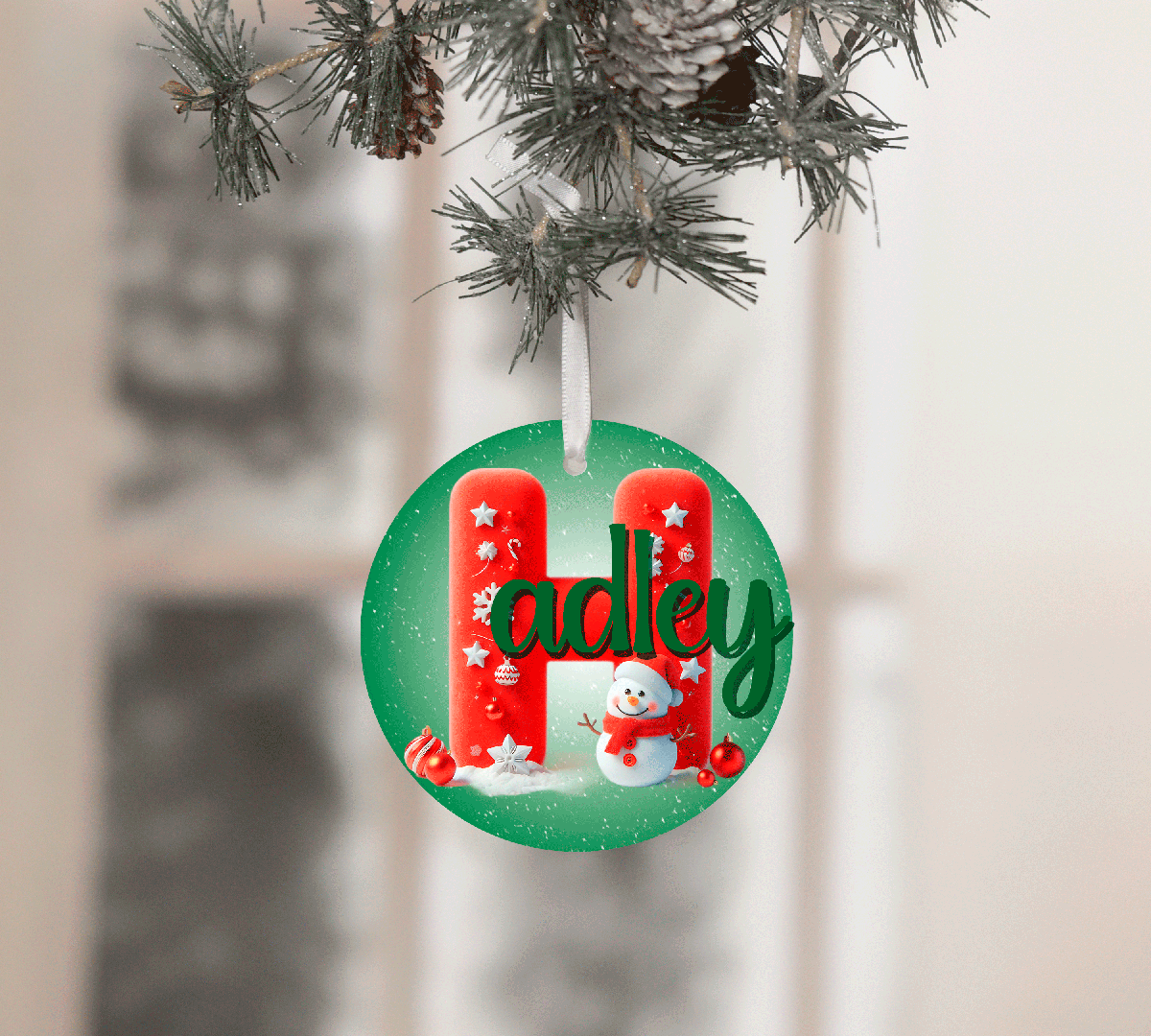 Personaized Red Snowman Alpha Sublimated 3" Round Ceramic Ornament