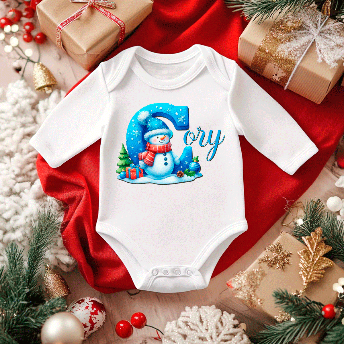 Personalized Frosty Alpha Christmas Sublimated Infant Long Sleeve Bodysuits