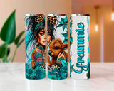 Three tumblers with artistic designs and 'Grammie' text on a blurred indoor background