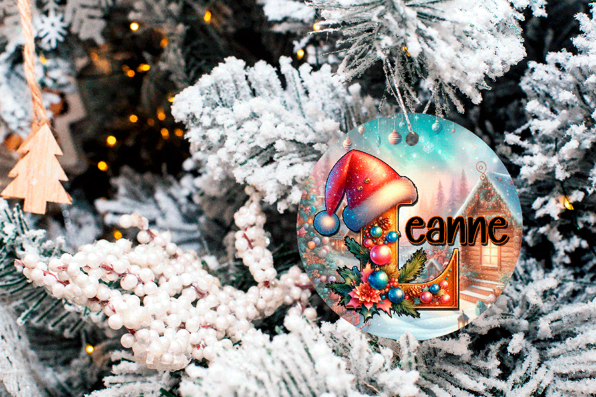 Decorative Christmas ornament with a colorful design hanging on a tree.