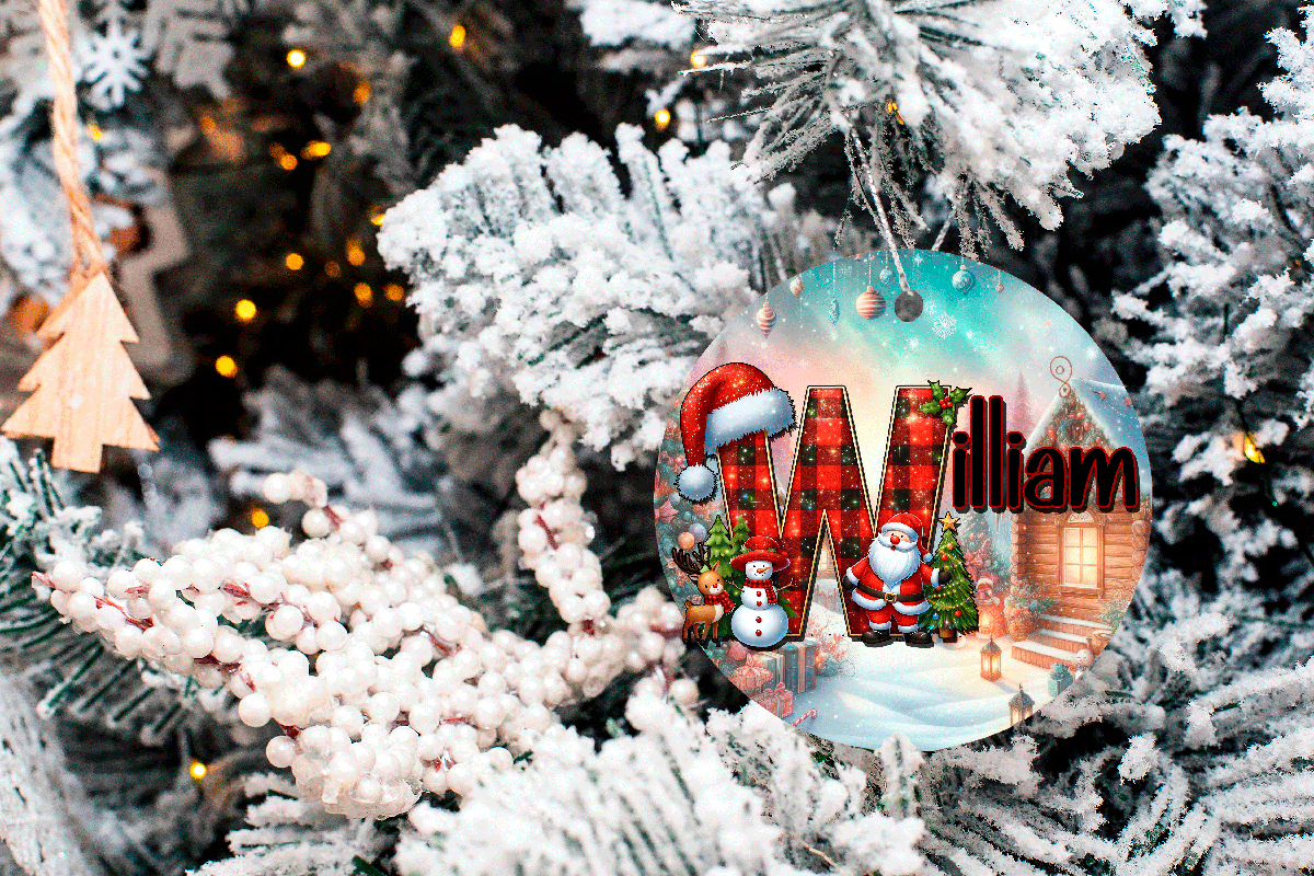 Decorative ornament with 'William' on a Christmas tree