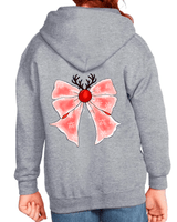 Gray hoodie with a pink bow and red center on the back, worn by a person.