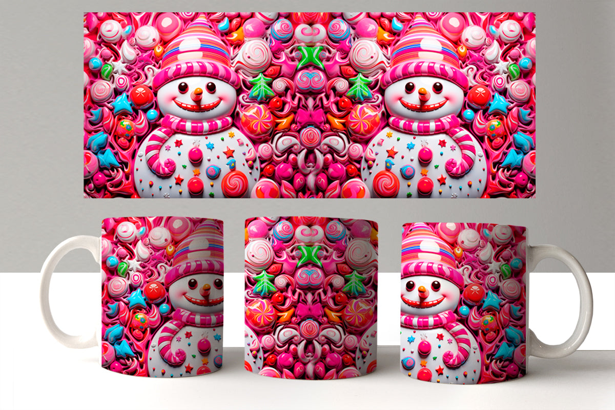 Colorful candy-themed mugs with snowman design on a white background