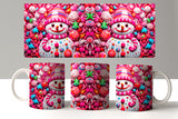 Colorful candy-themed mugs with snowman design on a white background
