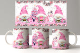 Set of three mugs with pink gnome design on a white background