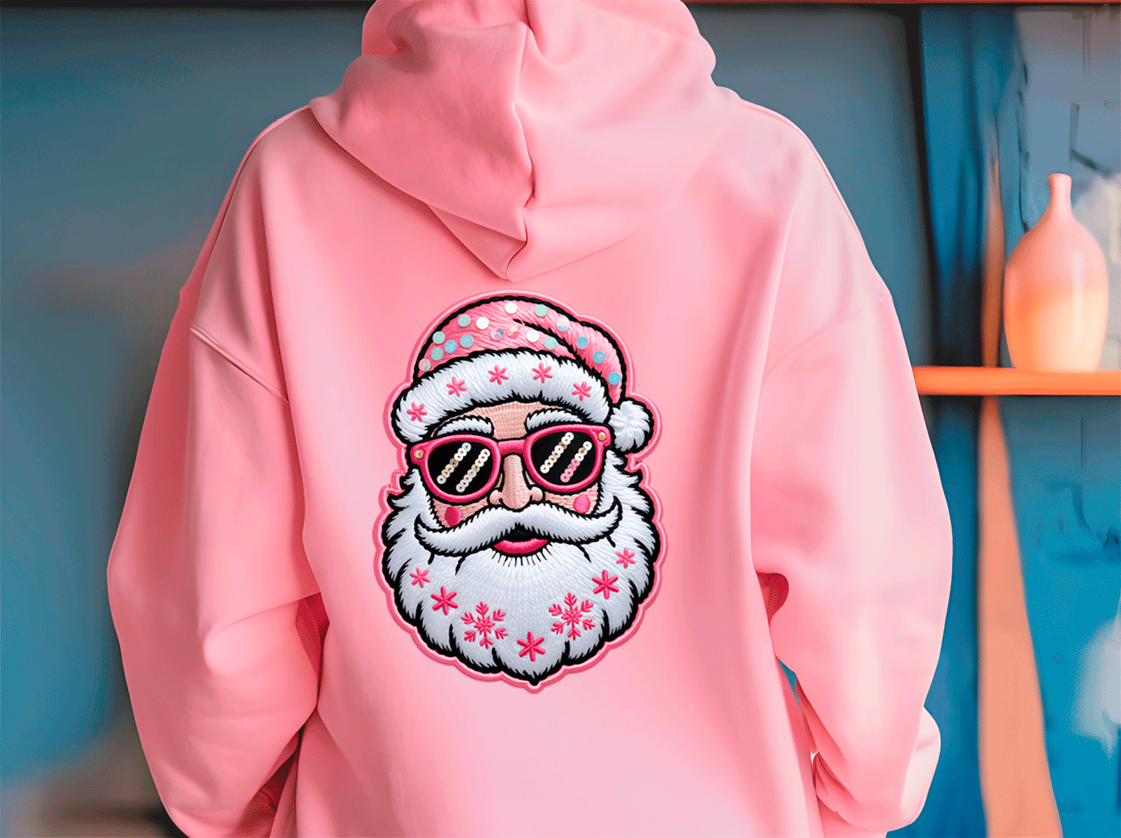 Pink hoodie with a Santa Claus design wearing sunglasses against a blue wall.
