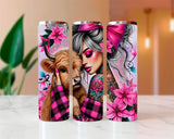 Three tumbler designs featuring a cow, a woman with tattoos, and pink flowers on a white surface.