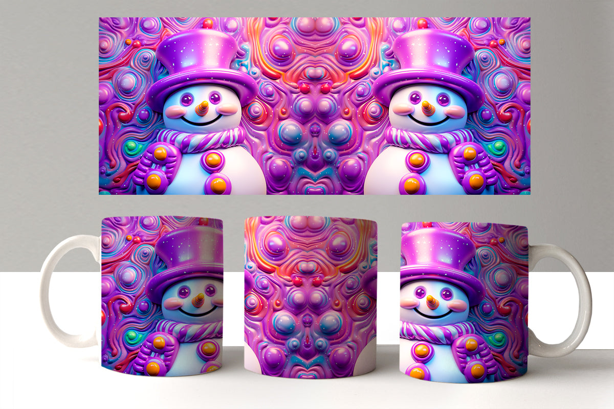 Colorful mugs with snowman design on a white surface