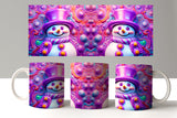 Colorful mugs with snowman design on a white surface