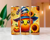 Three colorful tumblers with Halloween-themed designs featuring pumpkins, sunflowers, and a witch hat.