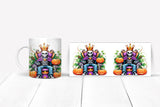 Two mugs with a skeleton king design on a white background
