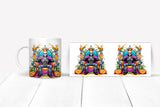Colorful mug and print featuring a skeleton on a throne with pumpkins.