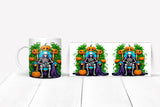 Three mugs with a skeleton design on a white background