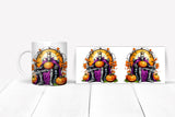Mug and square print with a Halloween-themed design featuring a king on a throne with pumpkins.