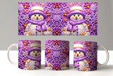 Decorative mugs with snowman design on a purple background