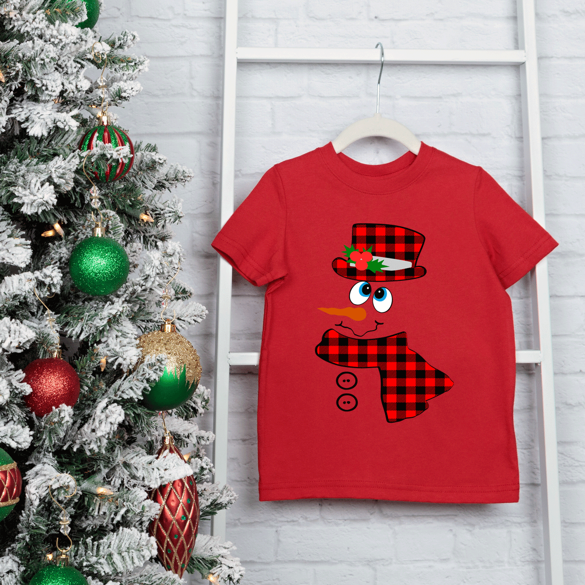 Red Buffalo Plaid Snowman Christmas HTV Graphic Toddler T-shirts