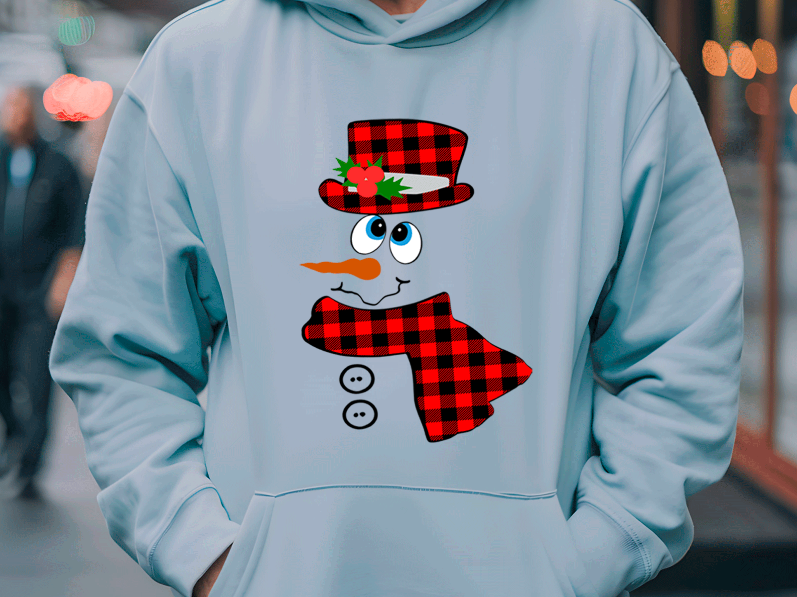 Light blue hoodie with a snowman design featuring a red plaid hat and scarf.