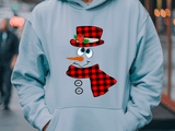 Light blue hoodie with a snowman design featuring a red plaid hat and scarf.